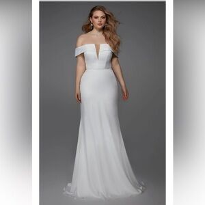 Alyce Paris 7020 Bridal Off The Shoulder Train Fit N Flare Dress 8 Diamond White